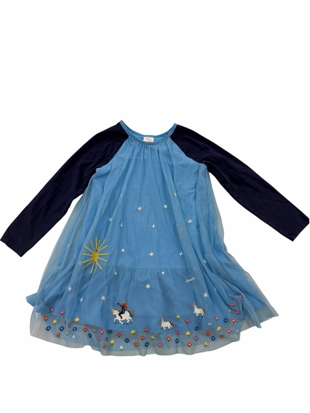 Hanna Andersson Embroidered Unicorn Sun Moon Stars Blue Tulle Dress, Size 5